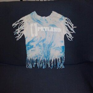 Vintage Blue & White Tie-died Opryland Fringed T-shirt – size M (10-12).